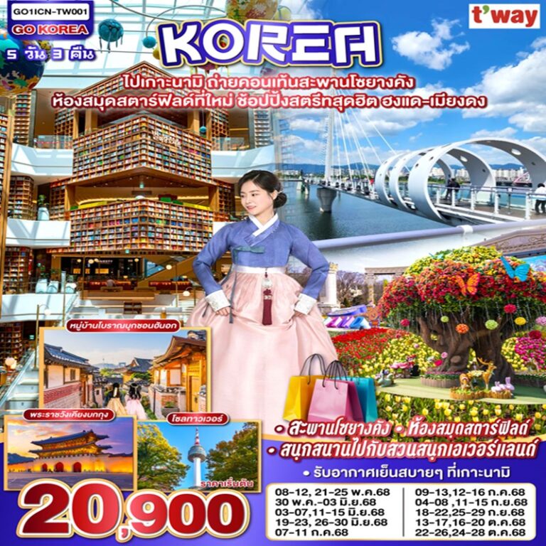 ทัวร์เกาหลี สะพานโซยางคัง นามิ เอเวอร์แลนด์ ซูวอนสตาร์ฟิลด์ ฮงแด โซลทาวเวอร์ เมียงดง 5 วัน 3 คืน